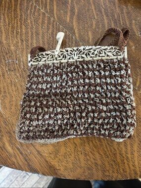 Vintage Crochet Brown and Cream Evening Bag with Ornate Frame